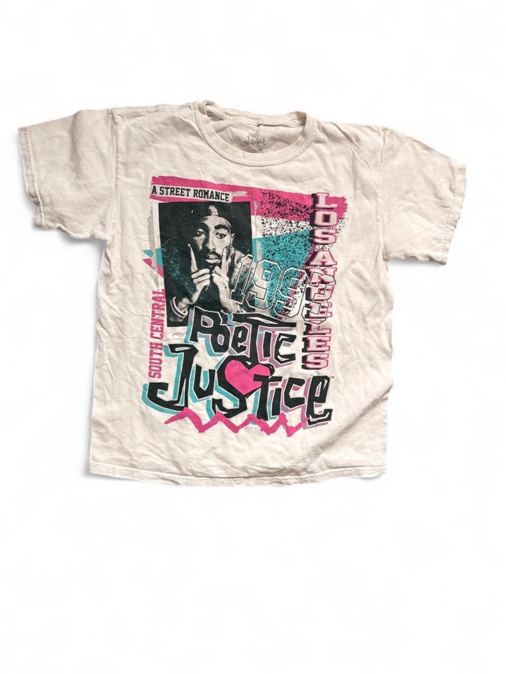 White Graphic Tee with Pink & Teal Print - poetic justice